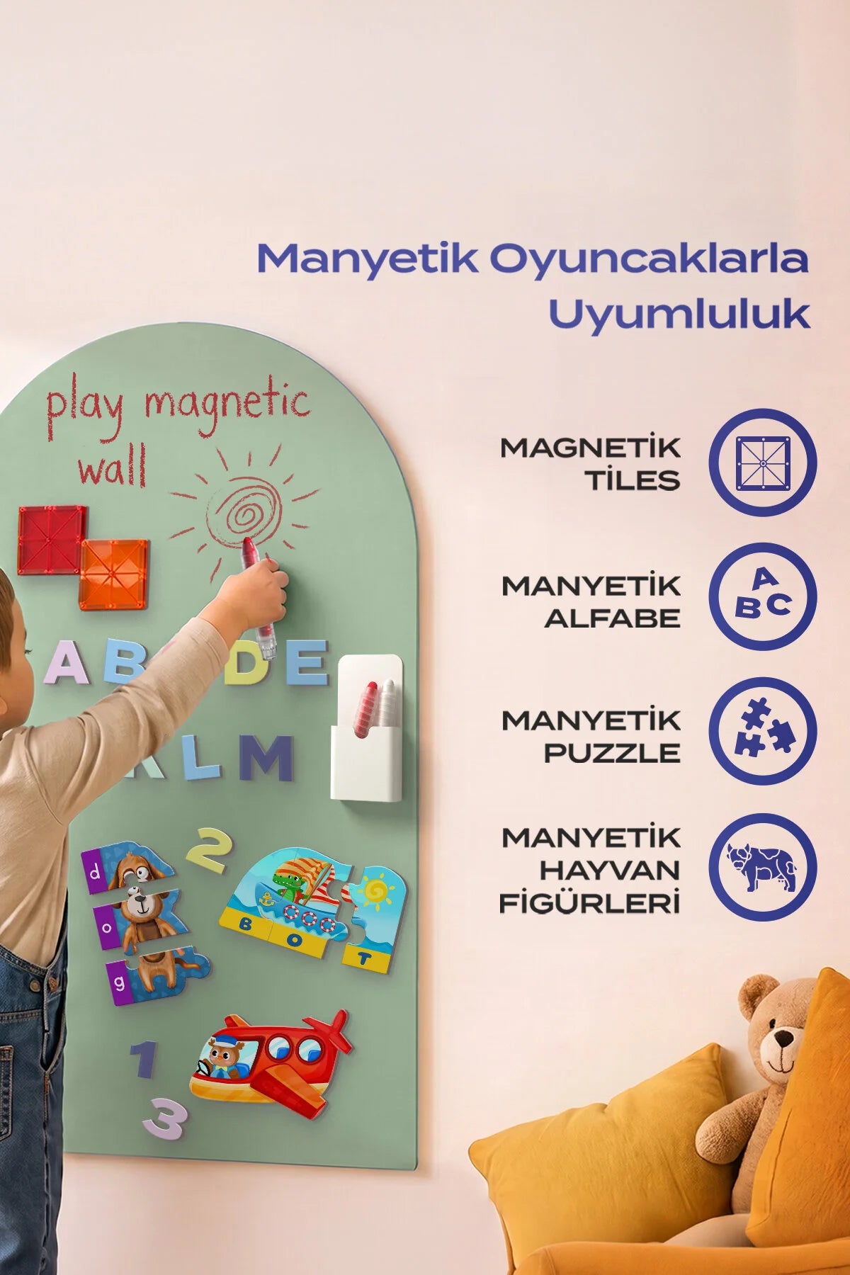 Manyetik Duvar Panosu – Ada Yeşili | 60x95 cm