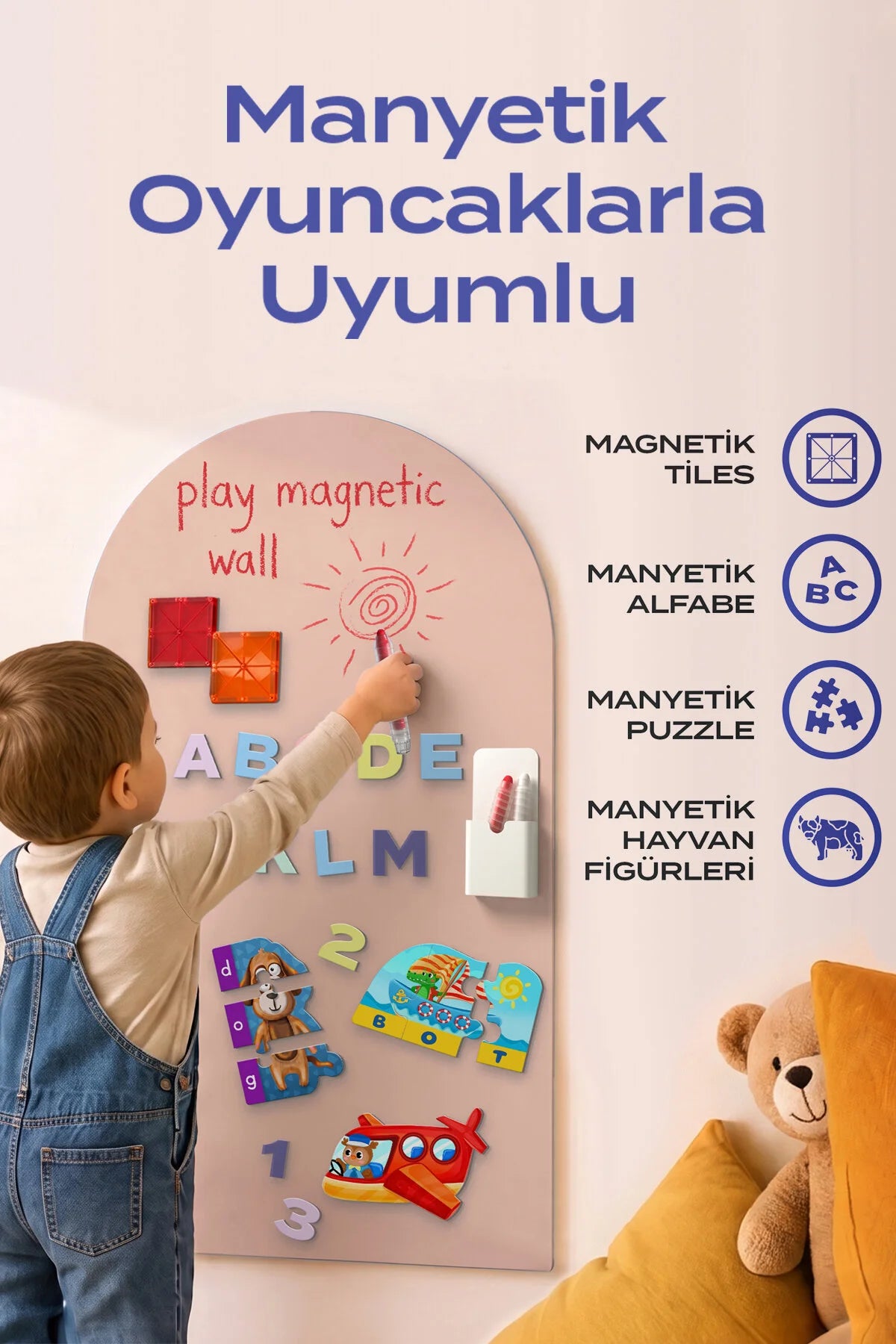 Manyetik Duvar Panosu – Pudra Kil | 60x95 cm